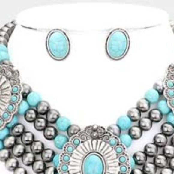 Squash Blossom Natural Stone Accented Layered Fringe Bib Necklace Set - Picture 4 of 10